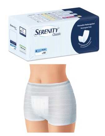 PANNOLONE PER INCONTINENZA FORMATO RETTANGOLARE CON BARRIERA SERENITY 30 PEZZI - Farmacia Puddu Baire S.r.l.