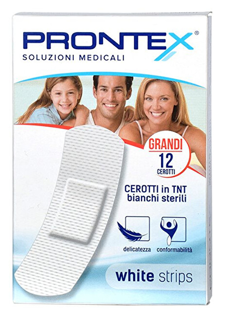 CEROTTO PRONTEX WHITE STRIPS IN TESSUTO NON TESSUTO BIANCO STERILE SCATOLA 12 CEROTTI GRANDI - Farmacia Puddu Baire S.r.l.