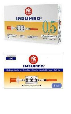 SIRINGA PER INSULINA PIC INSUMED 0,3 ML 100 UI SPAZIO ZERO AGO 30 GAUGE 8 MM 3 SACCHETTI DA 10 PEZZI - Farmacia Puddu Baire S.r.l.