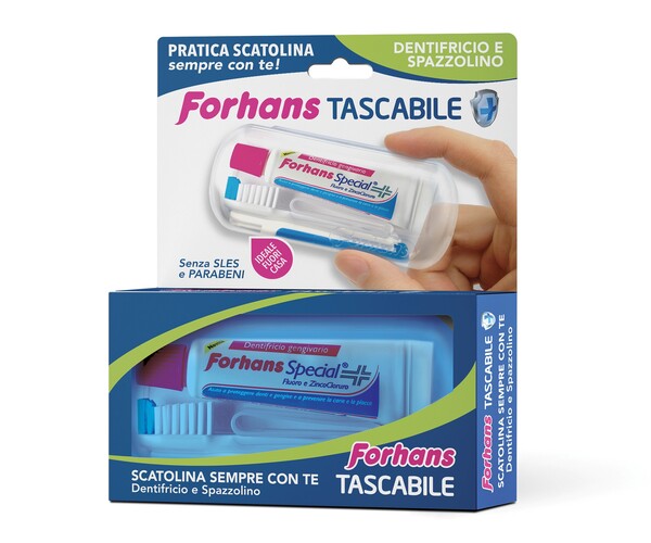 FORHANS TRAVEL KIT TASCABILE COMPOSTO DA SPAZZOLINO DA VIAGGIO + FORHANS SPECIAL PASTA DENTIFRICIA TUBETTO 12,5 ML - Farmacia Puddu Baire S.r.l.