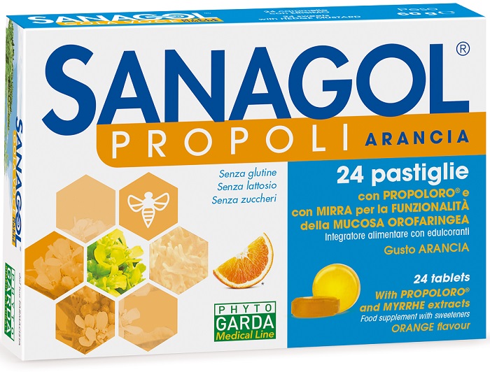 SANAGOL PROPOLI SENZA ZUCCHERO ARANCIA 24 CARAMELLE - Farmacia Puddu Baire S.r.l.