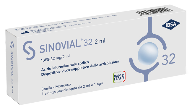 SIRINGA INTRA-ARTICOLARE SINOVIAL 32 ACIDO IALURONICO 1,6% 32 MG/2 ML 1 FS + AGO GAUGE 21 1 PEZZO - Farmacia Puddu Baire S.r.l.