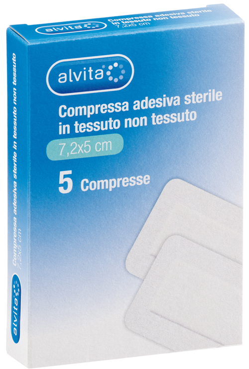 ALVITA GARZA COMPRESSA ADESIVA STERILE IN TESSUTO NON TESSUTO ESTENSIBILE BIANCO 7,2X5CM 5 PEZZI - Farmacia Puddu Baire S.r.l.