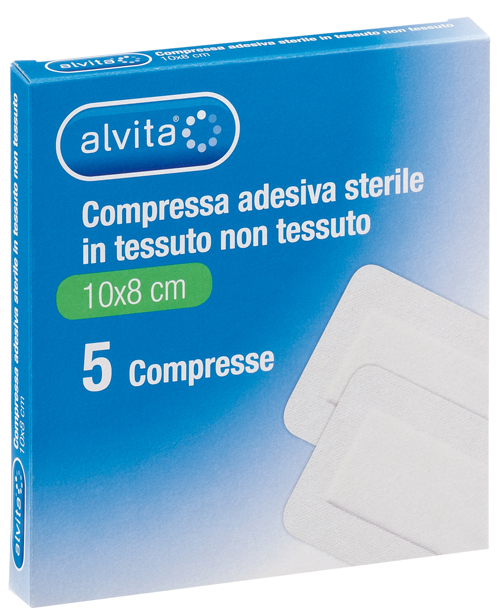 ALVITA GARZA COMPRESSA ADESIVA STERILE IN TESSUTO NON TESSUTO ESTENSIBILE BIANCO 10X8CM 5 PEZZI - Farmacia Puddu Baire S.r.l.