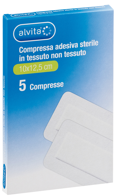 ALVITA GARZA COMPRESSA ADESIVA STERILE IN TESSUTO NON TESSUTO ESTENSIBILE BIANCO 10X12,5CM - Farmacia Puddu Baire S.r.l.