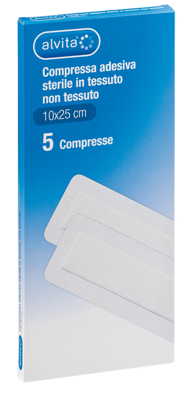 ALVITA GARZA COMPRESSA ADESIVA STERILE IN TESSUTO NON TESSUTO ESTENSIBILE BIANCO 10X25CM 5 PEZZI - Farmacia Puddu Baire S.r.l.
