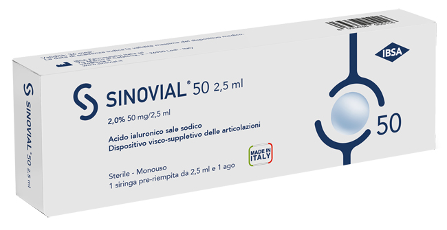 SIRINGA INTRA-ARTICOLARE SINOVIAL 50 ACIDO IALURONICO 2% 50 MG/2,5 ML 1 FS + AGO GAUGE 21 1 PEZZO - Farmacia Puddu Baire S.r.l.