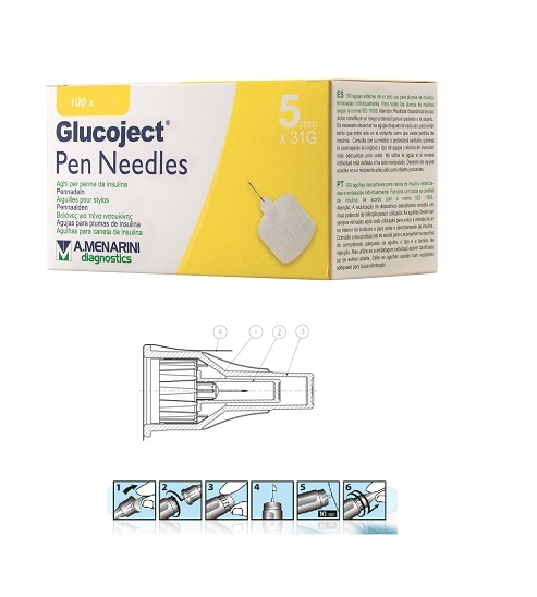 AGO PER PENNA DA INSULINA GLUCOJECT LUNGHEZZA 5 MM GAUGE 31 100 PEZZI - Farmacia Puddu Baire S.r.l.