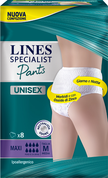 LINES SPECIALIST PANTS MAXI M X 8 PANNOLONE MUTANDINA INDOSSABILE COME NORMALE BIANCHERIA TIPO PULL-ON - Farmacia Puddu Baire S.r.l.