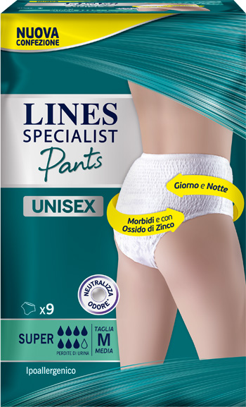 LINES SPECIALIST PANTS SUPER M X 9 PANNOLONE MUTANDINA INDOSSABILE COME NORMALE BIANCHERIA TIPO PULL-ON - Farmacia Puddu Baire S.r.l.