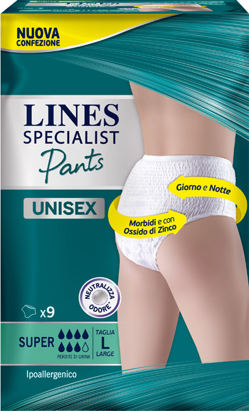 LINES SPECIALIST PANTS SUPER L X 9 PANNOLONE MUTANDINA INDOSSABILE COME NORMALE BIANCHERIA TIPO PULL-ON - Farmacia Puddu Baire S.r.l.