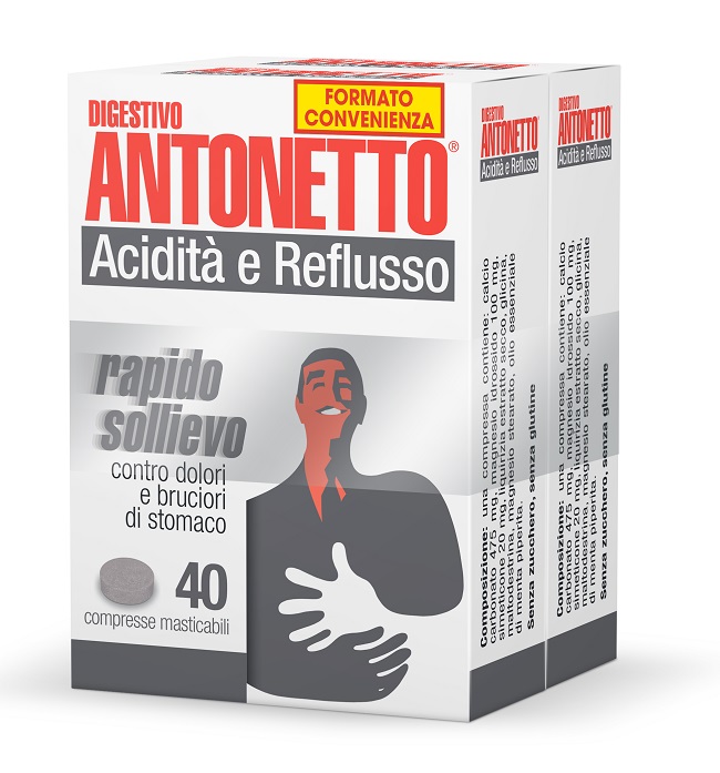 DIGESTIVO ANTONETTO ACIDITA' E REFLUSSO 80 COMPRESSE MASTICABILI 2 ASTUCCI DA 40 COMPRESSE - Farmacia Puddu Baire S.r.l.