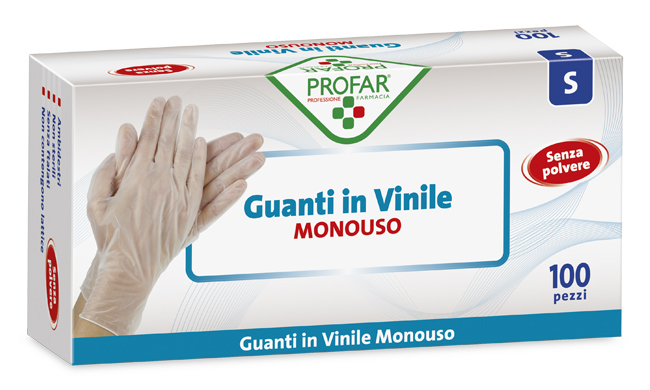 PROFAR GUANTO IN VINILE SENZA POLVERE S 100 PEZZI - Farmacia Puddu Baire S.r.l.