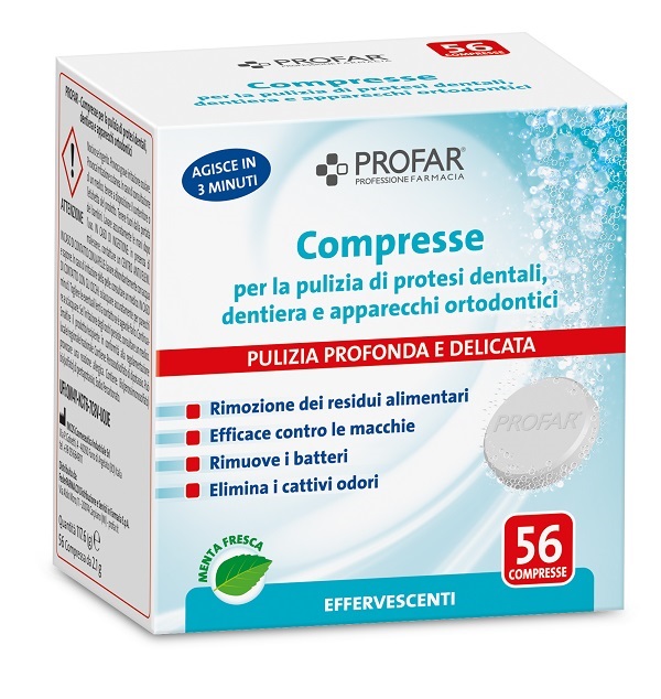 PROFAR COMPRESSE PULIZIA PROTESI DENTALI-DENTIERA-APPARECCHI ORTODONTICI 56 PEZZI - Farmacia Puddu Baire S.r.l.