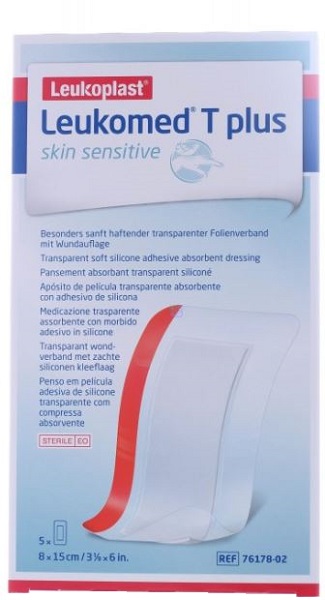 LEUKOMED T PLUS SKIN SENSITIVE MEDICAZIONE POST-OPERATORIA TRASPARENTE IMPERMEABILE CON MASSA ADESIVA AL SILICONE 8X15CM 5 PEZZI - Farmacia Puddu Baire S.r.l.