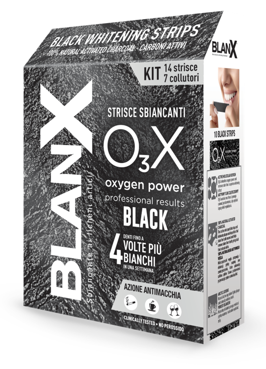 BLANX O3X BLACK STRISCE SBIANCANTI E ANTIMACCHIA 14 PEZZI - Farmacia Puddu Baire S.r.l.