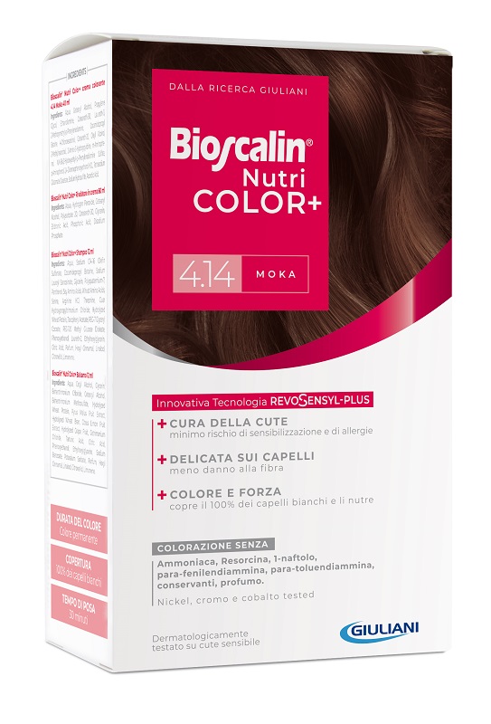 BIOSCALIN NUTRICOLOR PLUS 4,14 MOKA CREMA COLORANTE 40 ML + RIVELATORE CREMA 60 ML + SHAMPOO 12 ML + TRATTAMENTO FINALE BALSAMO 12 ML - Farmacia Puddu Baire S.r.l.