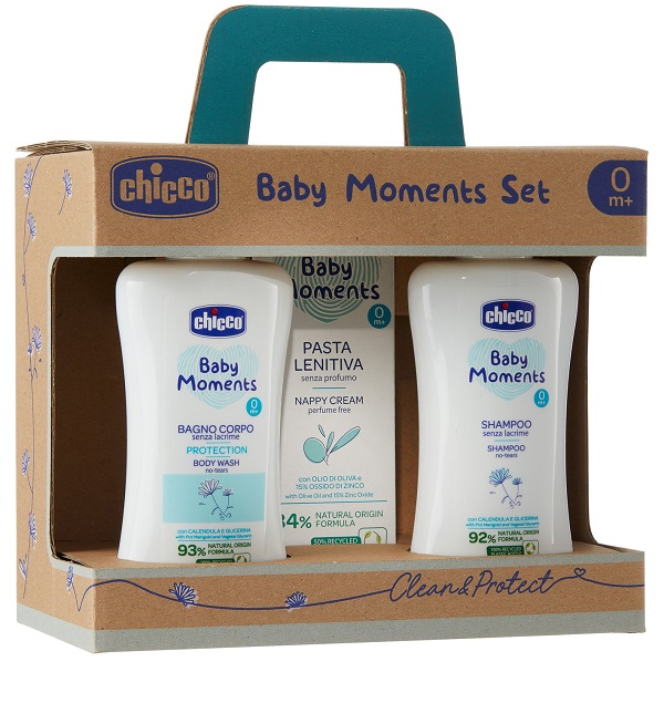 CHICCO BABY MOMENTS SET BAGNOCHIUMA PELLI DELICATE 200 ML + SHAMPOO PELLI DELICATE 200 ML + PASTA CAMBIO PELLI DELICATE 100 ML - Farmacia Puddu Baire S.r.l.