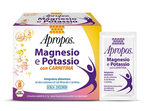APROPOS MAGNESIO E POTASSIO CON CARNITINA 24 BUSTINE SOLUBILI DA 3,5 G GUSTO ARANCIA SENZA ZUCCHERI - Farmacia Puddu Baire S.r.l.