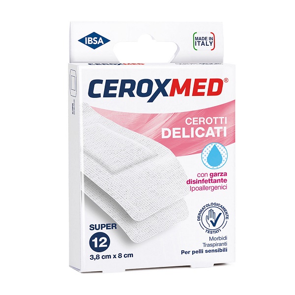 CEROTTI DELICATI CEROXMED CON GARZA DISINFETTANTE IPOALLERGENICI PER PELLI SENSIBILI SUPER 3,8X8CM 12 PEZZI - Farmacia Puddu Baire S.r.l.