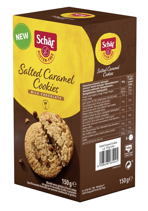 SCHAR SALTED CARAMEL COOKIES CON GOCCE DI CIOCCOLATO AL LATTE E CARAMELLO 150 G - Farmacia Puddu Baire S.r.l.