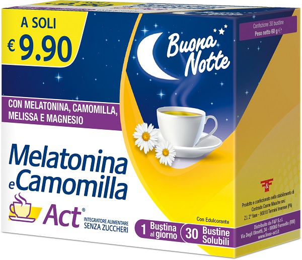 MELATONINA E CAMOMILLA ACT 30 BUSTINE SOLUBILI SENZA ZUCCHERI - Farmacia Puddu Baire S.r.l.