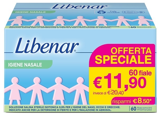 SOLUZIONE SALINA ISOTONICA 0,9% LIBENAR PER IGIENE NASALE 60 FLACONCINI MONOUSO X 5 ML - Farmacia Puddu Baire S.r.l.