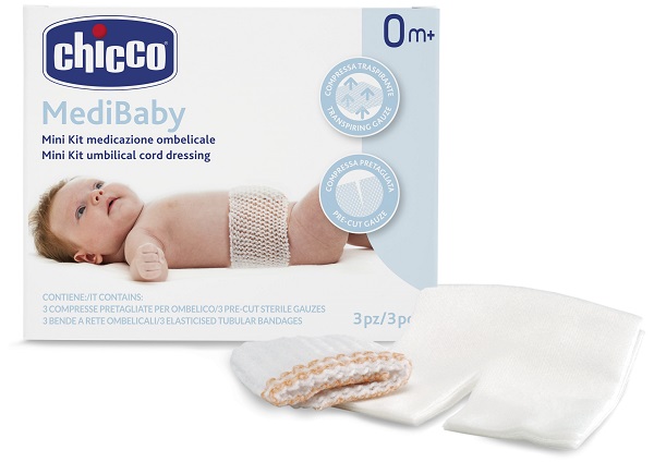 CHICCO MINI KIT MEDICAZIONE OMBELICALE BENDA A RETE ELASTICA CALIBRO 6 + COMPRESSE IN TNT STERILI 10X10 CM 4 PEZZI - Farmacia Puddu Baire S.r.l.